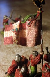Detail of the Great Grail Regiment standard. Flag is by Zvesda (I think) and the miniatures are by Citadel.