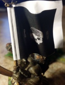 First flag detail. I've gone with a martial black and white theme for ogre flags, with detailed images of death like skulls, skeletons and hourglasses along with a fantasy script to convey the straightforward, but warrior-like and intelligent creatures that ogres are in this setting.