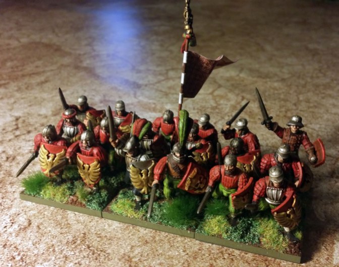 The Swords Company of the Great Grail Regiment. Flag is by Zvesda (I think) and the miniatures are by Citadel.