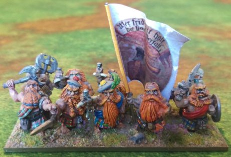 Dwarf Highlander Berserkers from Glorignum Hold. They hold no Regimental honours as membership in this unit tends to be temporary at best.